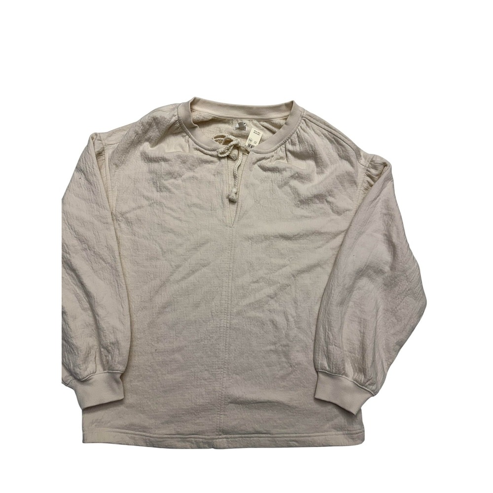 Aerie Shirt Womens Small White Terry Tassel Tie Crew‎ Neck Long Sleeve Top